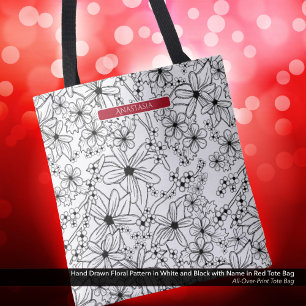 Tote Bag Motif noir floral et nom rouge