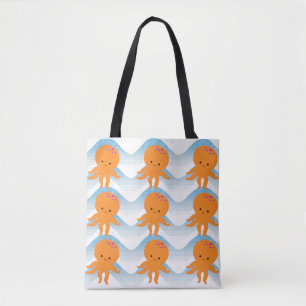Tote Bag Motif Octopus Orange Et Vagues Bleues