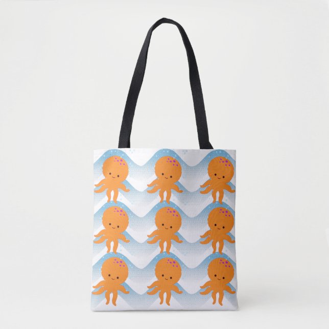 Tote Bag Motif Octopus Orange Et Vagues Bleues (Devant)