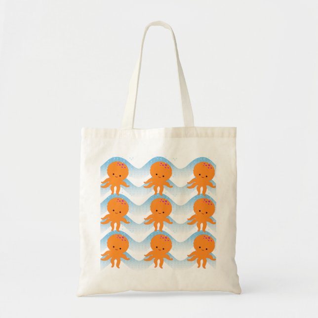 Tote Bag Motif Octopus Orange Et Vagues Bleues (Devant)