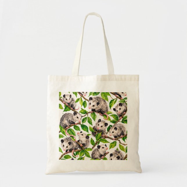 Tote Bag Motif Opossum et Feuille Verte (Devant)