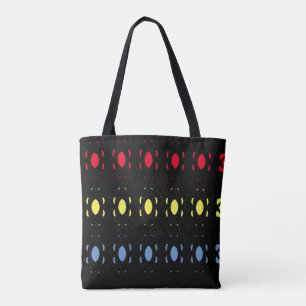 Tote Bag Motif ovale bleu, jaune et rouge sur fond noir