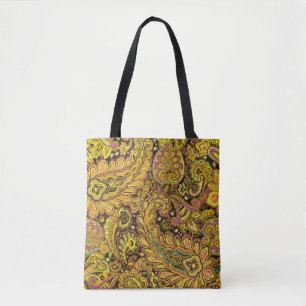 Tote Bag Motif Paisley en jaune, marron sur fond noir