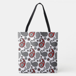 Tote Bag Motif Paisley, noir, blanc et rouge