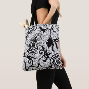 Tote Bag Motif Paisley Noir Blanc Floral Tourbillon Décor