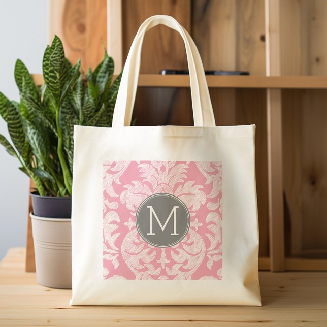 Tote Bag Motif Pastel rose et gris Damas Motif personnalisé (Personalized tote bag - pattern and monogram)