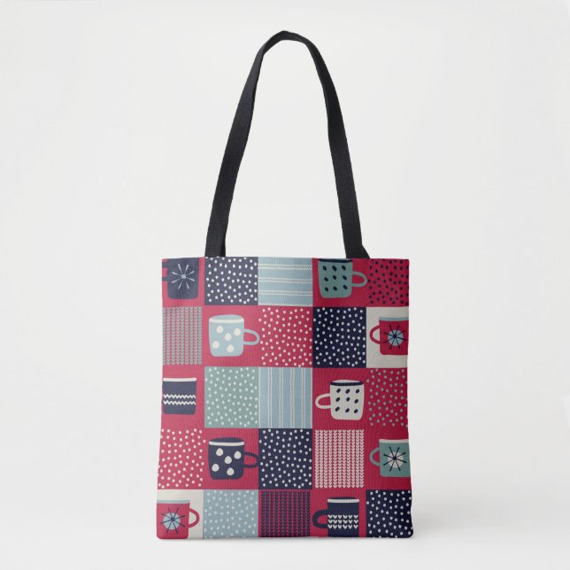 Tote Bag Motif, patchwork avec tasses dessinées à la main,  (Devant)