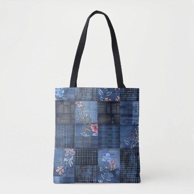 Tote Bag Motif patchwork floral indigo | Denim bohème (Devant)