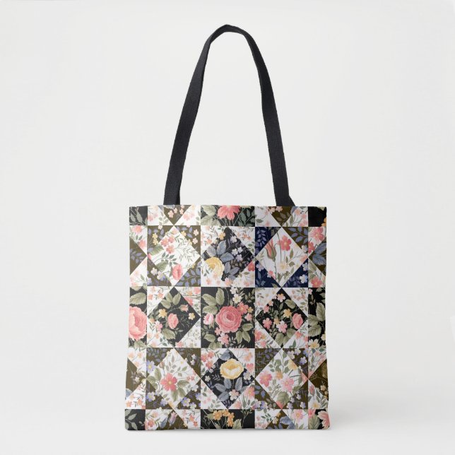 Tote Bag motif patchwork transparent avec fleurs (Devant)