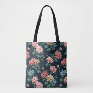 Tote Bag Motif Peony vintage coloré sur Arrière - plan noir