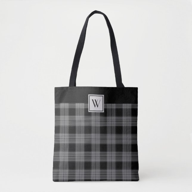 Tote Bag Motif Plaid Monogramme Noir Et Gris (Devant)