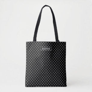 Tote Bag Motif Points Blancs Sur Fond Noir Avec Nom Personn