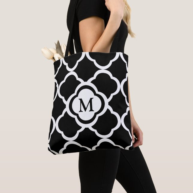 Tote Bag Motif Quatrefoil Noir Et Blanc (De près)
