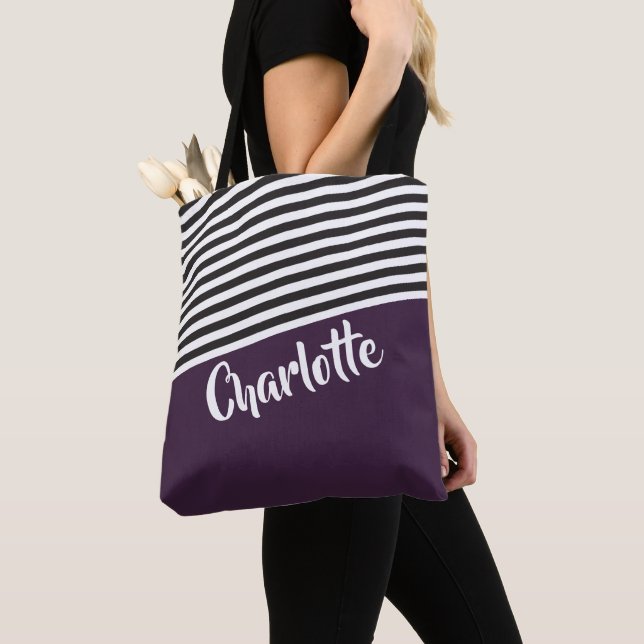 Tote Bag Motif rayé blanc violet Personnalisé (De près)
