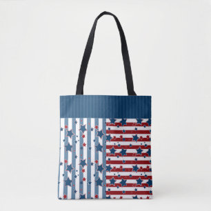 Tote Bag Motif rayé étoile dans les tons rouge et bleu lanc