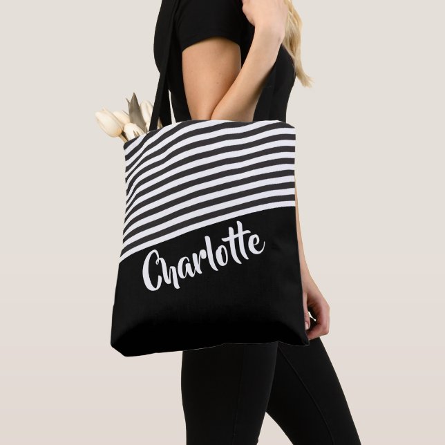 Tote Bag Motif rayé noir et blanc Personnalisé (De près)