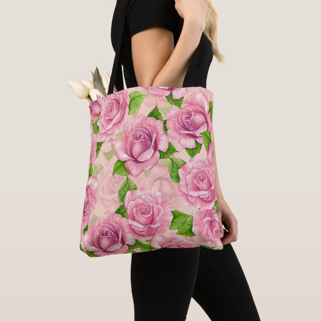Tote Bag Motif rose d'aquarelle rose (De près)