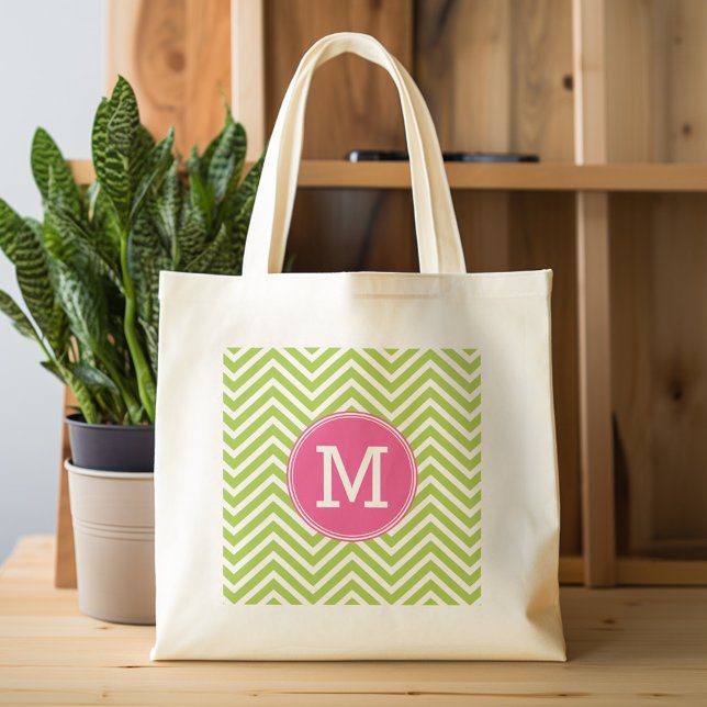 Tote Bag Motif rose et vert Chevron avec Monogramme (Personalized tote bag with chevrons and monogram)