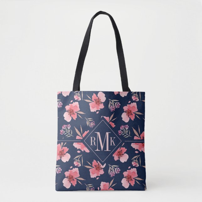 Tote Bag Motif rose foncé d'aquarelle du monogramme | (Devant)