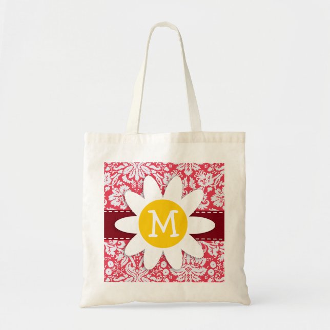 Tote Bag Motif rouge de damassé ; Marguerite (Devant)