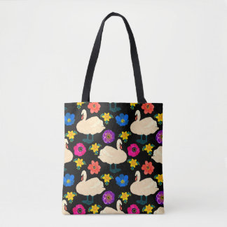 Tote Bag Motif sans couture avec cygnes et fleurs, dessiner