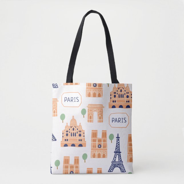 Tote Bag Motif sans couture avec les monuments parisiens (Devant)