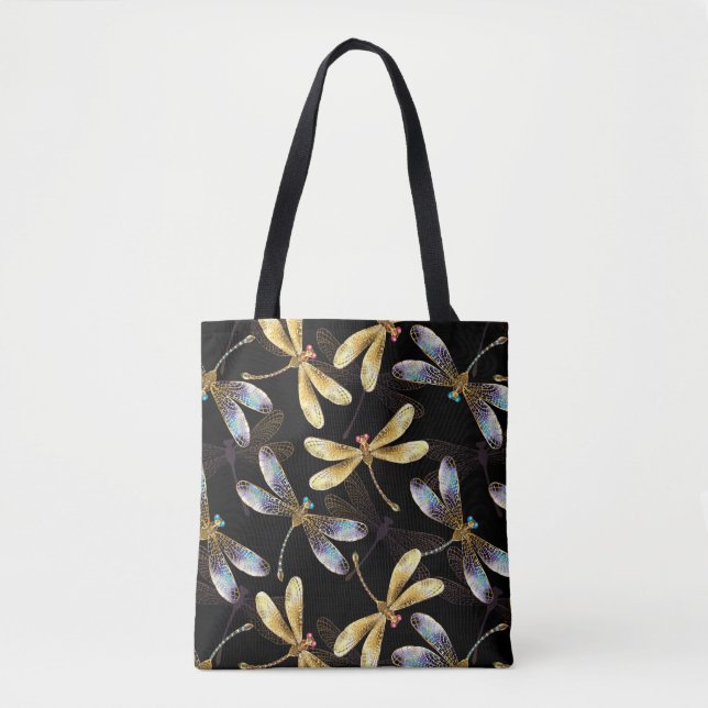 Tote Bag Motif sans couture avec libellules d'or (Devant)