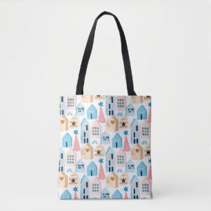 Tote Bag Motif sans couture avec maisons scandinaves sur bl