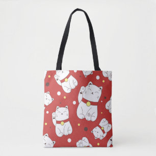 Tote Bag Motif sans couture avec Maneki-Neko chat dessiné à