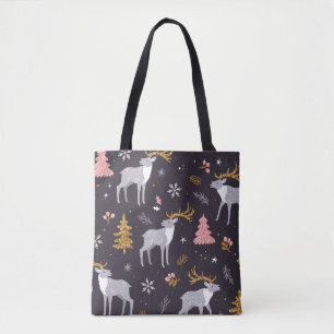 Tote Bag motif sans soudure avec rennes, sapins et sapins