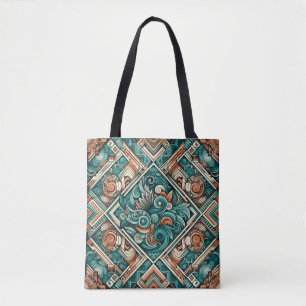 Tote Bag Motif sarcelle et terracotta inspiré des Aztèques