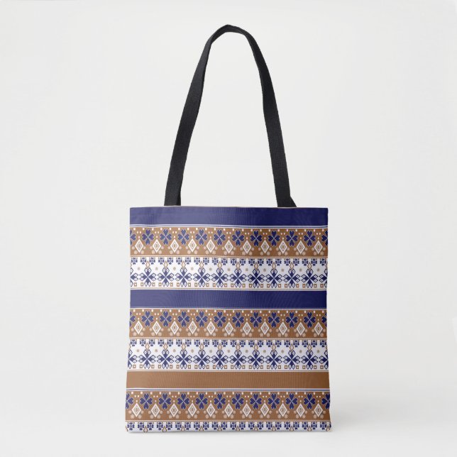 Tote Bag Motif scandinave rayé brun bleu (Devant)