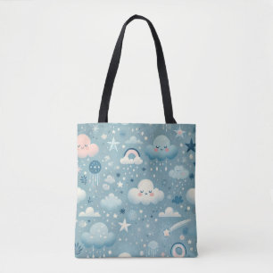 Tote Bag Motif Sky Whimsical avec nuages, étoiles - Bleu