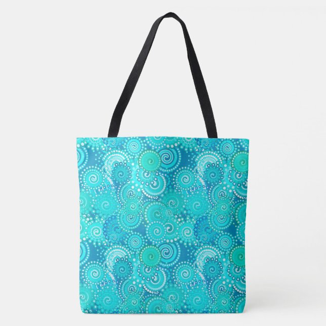 Tote Bag Motif tourbillon fractal, teintes turquoise (Devant)