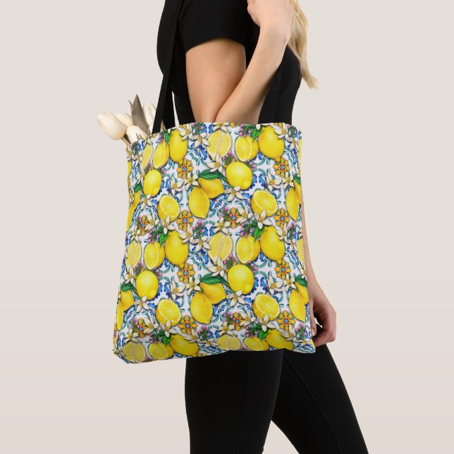 Tote Bag Motif traditionnel méditerranéen aux citrons (De près)