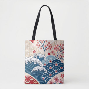 Tote Bag Motif Traditionnel Rouge Bleu Vague Japonaise Saku