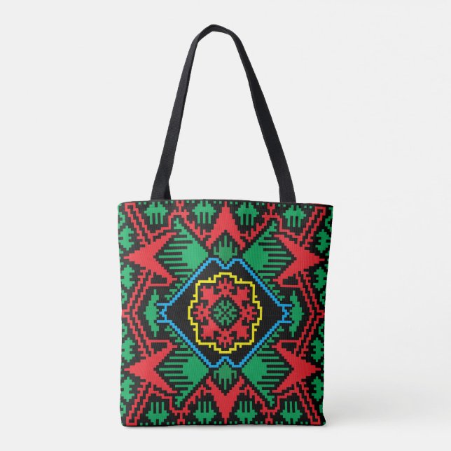 Tote Bag Motif tribal letton géométrique noir, rouge, vert (Dos)