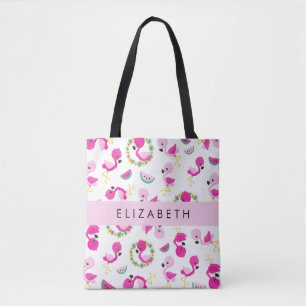 Tote Bag Motif tropical, Flamants roses, Fleurs, Votre Nom