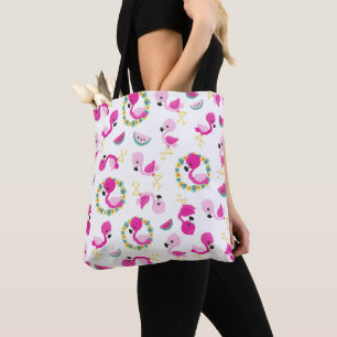 Tote Bag Motif tropical, Flamants roses, pastèques, Fleurs