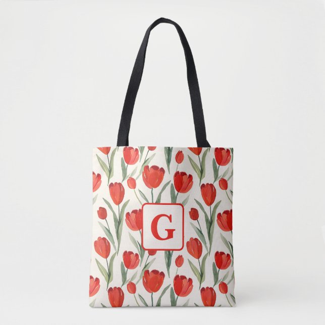 Tote Bag Motif tulipe rouge monogramme personnalisé (Devant)