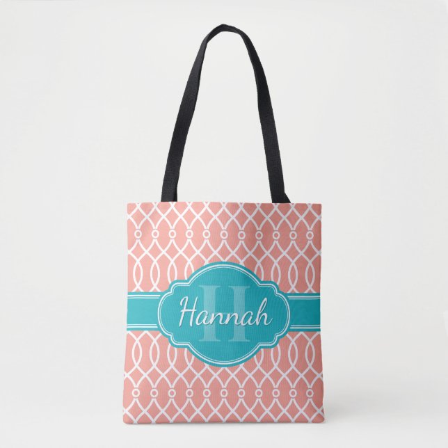 Tote Bag Motif Turquoise Monogramme rose blanc élégant (Devant)