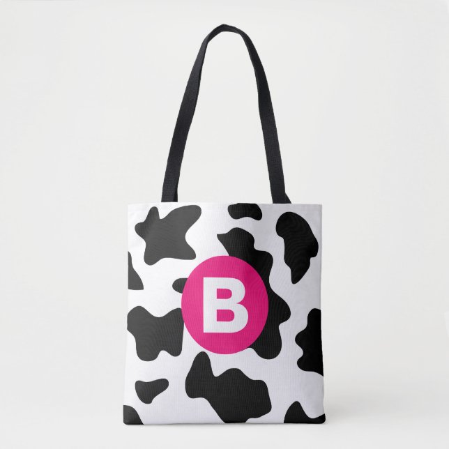 Tote Bag Motif vache fantaisie patch rose monogramme (Devant)
