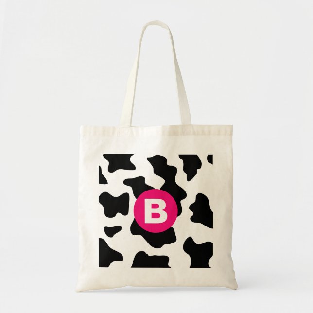 Tote Bag Motif vache fantaisie patch rose monogramme (Devant)