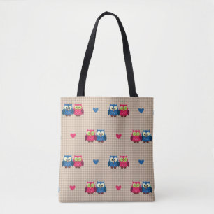 Tote Bag Motif vérifié avec des hiboux d'amour