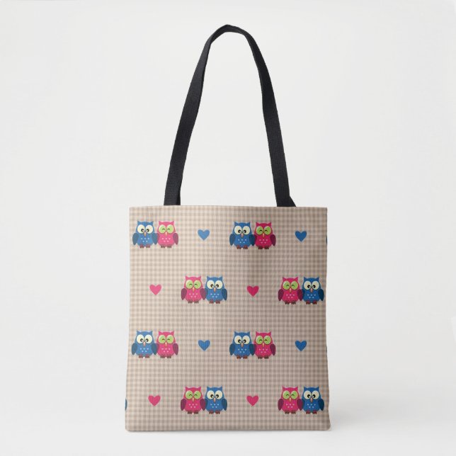 Tote Bag Motif vérifié avec des hiboux d'amour (Devant)