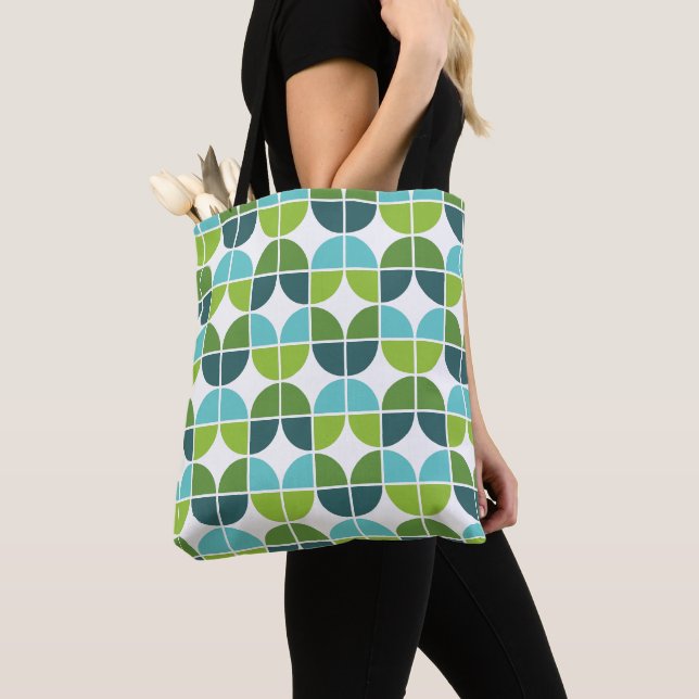 Tote Bag Motif vert bleu géométrique rétro (De près)