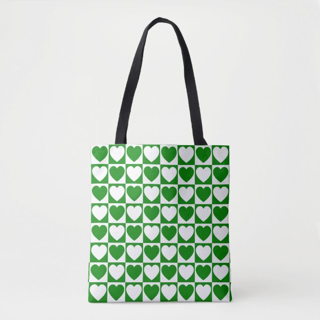 Tote Bag Motif vert et blanc À damiers coeurs (Devant)