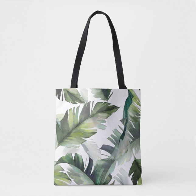 Tote Bag Motif vert et blanc de feuillage tropical (Devant)