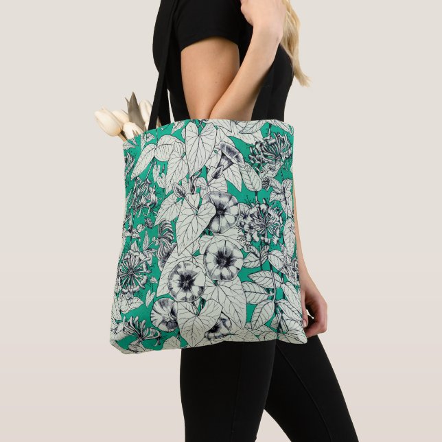 Tote Bag Motif vert Turquoise blanc de fleurs graphiques (De près)