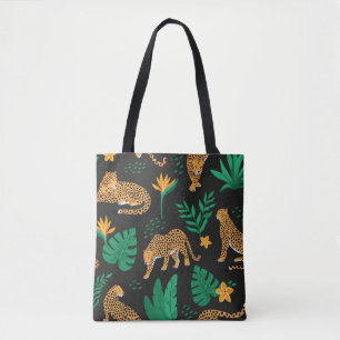 Tote Bag Motif vintage aux léopards et feuilles tropicaux 